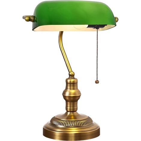 QAZQA Lampe de bureau Bureau Rétro Banquiers Traditionnels Lampe Éclairage Lampe de chevet Lampe de lecture Vert Épais Verre Abat-jour Placage Antique Laiton Base en métal E27 Bankers Lampe de table a