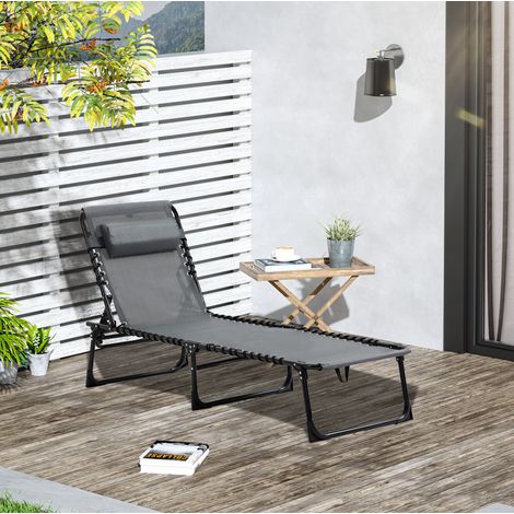 Chaise longue d'extérieur pliante en polyester gris, dossier 5 positions, avec coussin et poche latérale, 185x58x30 cm (1/5)