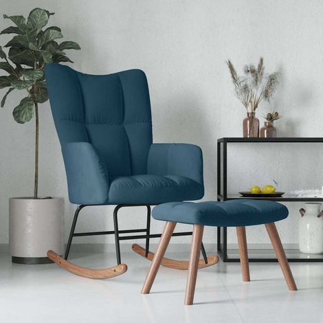 vidaXL Mecedora con taburete de terciopelo azul (1/5)