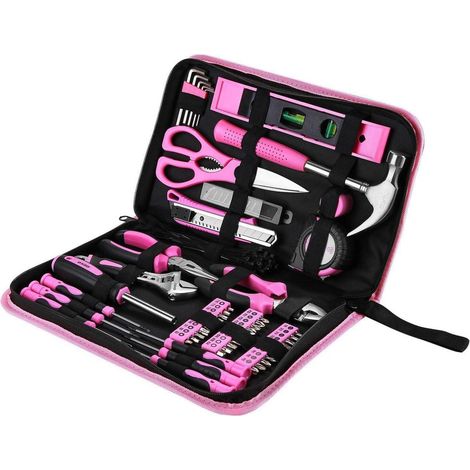 110-teiliges Werkzeugset für Haushalt und DIY, pink, mit Tragetasche (1/5)