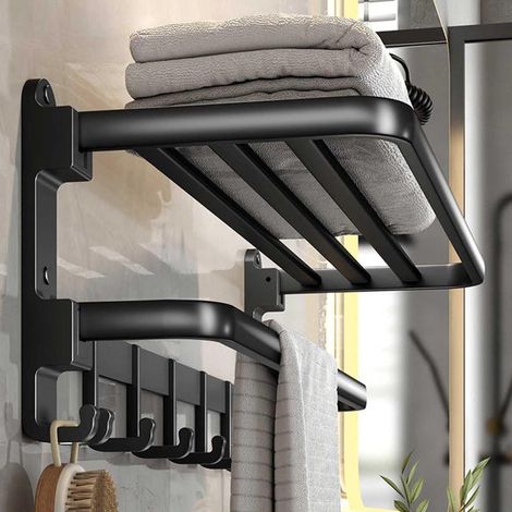 Porte Serviettes Salle de Bains, Étagère de Rangement Pliable Montée , Espace aluminium, Porte Serviette Salle de Bain Mural (40cm,Noir) (1/5)