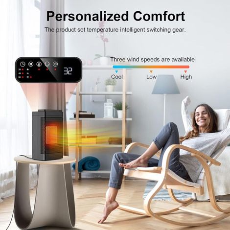 Calefactor eléctrico, mini calefactor cerámico de 1500 W con mando a distancia, oscilación de 70°, temporizador de 24 horas, termostato ajustable, 3 modos para oficina, dormitorio y sala de estar. (1/3)