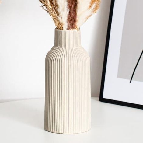 Vase en céramique pour herbes de la pampa - Petit vase décoratif pour table à manger, étagère, cheminée, etc. - Style bohème moderne et épuré (beige) (1/5)