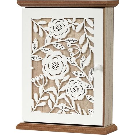 1 Armoire à clés, Motif floral blanc, 6 crochets, Bois massif et métal, Pour entrée, couloir, bureau