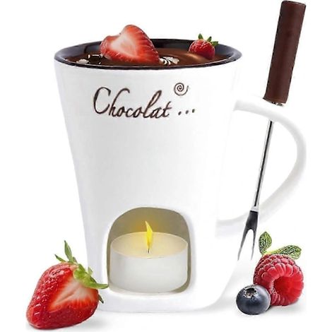 Schokoladenfonduebecher, Kaffeebecher, Schokoladenschmelzbecher mit Gabel, Fonduewärmer, Bonbonbecher, weiß