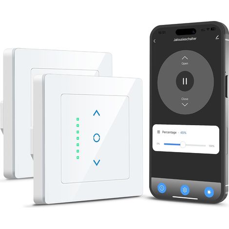 Interrupteur Volet Roulant Connecté Fil Neutre Requis, 2 pièces Interrupteur de Stores Tactile Compatible et Google Home, Minuterie et Sécurité Enfant, APP Contrôle à Distance (1/5)