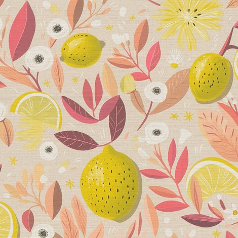 Papier peint pour cuisine et bain Profhome 791693 papier peint intissé gaufré à chaud légèrement texturé avec des ornements floraux mat beige rose jaune blanc crème 5,33 m2