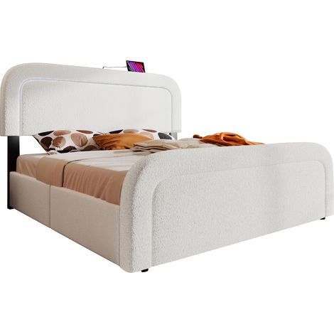 Lit Double 160×200 cm in Sherpa, con USB Type-C, LED, 4 Cassetti, Testiera Regolabile, senza Materasso, Bianco (1/5)