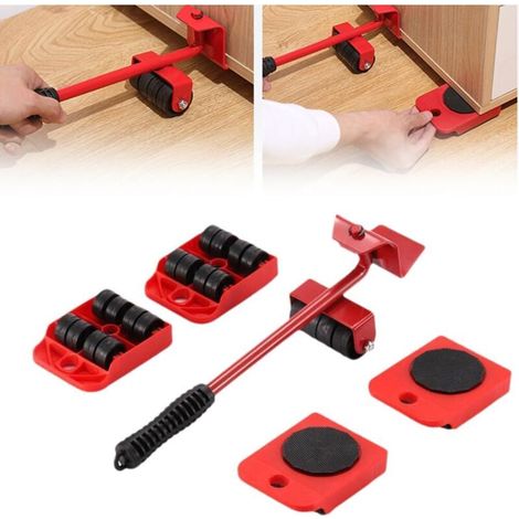 Outils de déménagement - Barres de levage, glissières mobiles pour déplacer meubles et appareils électroménagers - Ensemble de 6 pièces, rouge (1/5)