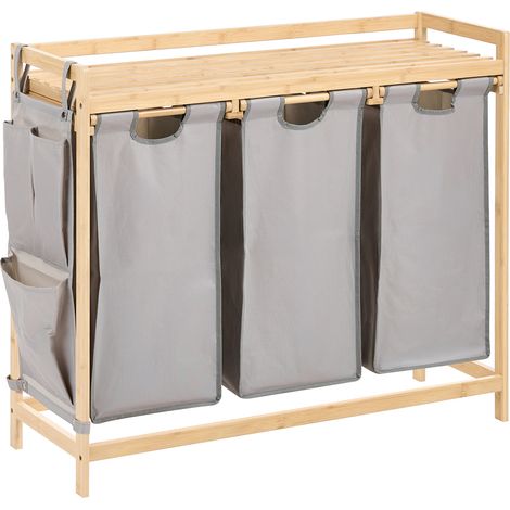 Conjunto de 3 cestas para la ropa sucia minimalista con bolsillos laterales de tela gris extraíble y lavable baño marrón claro Torotal (1/5)