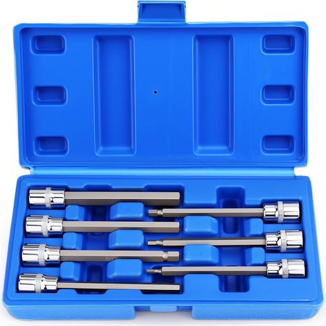 Jeu de douilles hexagonales longues 3/8" 7 pièces 3-10 mm en CR-V avec boîte de rangement pour visseuse à percussion, clé dynamométrique (1/5)