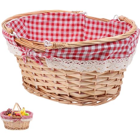 Panier de Pique-niques Tressé Style Champêtre Grosse Taille Naturel Doublure Tissu à Carreaux Rouge, Poignée Mobile, Panier Décoratif Polyvalent pour Cueillette en Extérieur (1/5)