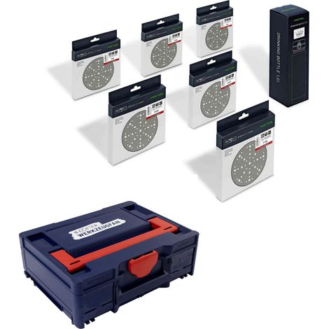 Festool Schleifscheiben-Set Granat STF D150/48 GR-Set P inkl. Trinkflasche & EW Systainer³ M 137 blau / rot