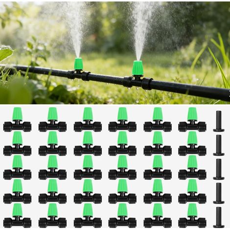 (vert) 30 Pcs Push-to-Fit émetteurs de pulvérisation d'irrigation à goutte à goutte, bouche d'atomisation de débit d'eau réglable avec 4 bouchons d'extrémité, pour tuyaux de 1/4 pouce.