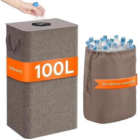 Récipient de collecte de bouteilles consignées avec couvercle, grand récipient de rangement pour bouteilles vides et verres usagés, avec trou pour cuisine, salle de rangement, marron (1/5)