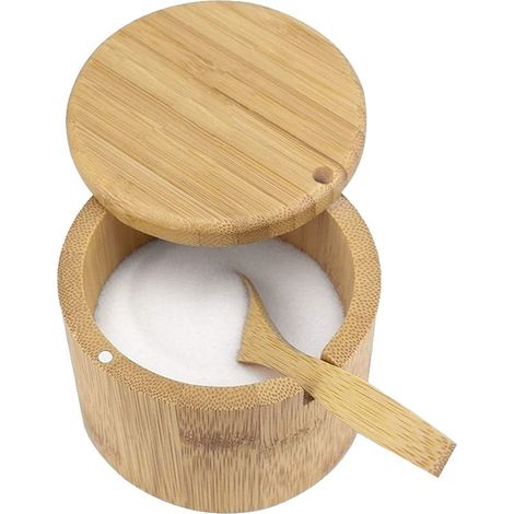 Salzbox – Bambusbehälter mit magnetischem Drehdeckel und Löffel inklusive (1/5)