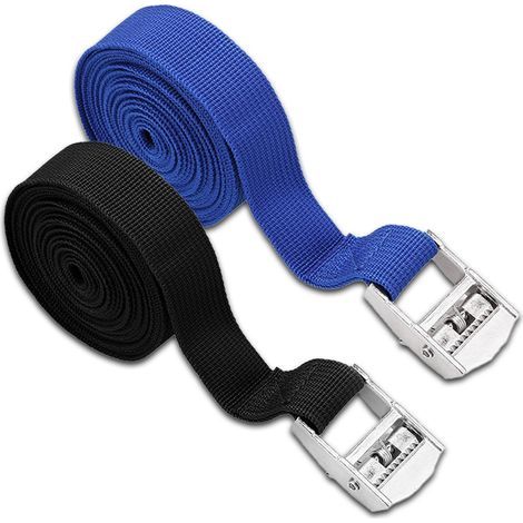 2 pièces de sangles d'arrimage, sangles de serrage courtes avec cliquet, sangle noire 1m x 2cm et bleue 1m x 2,5cm, Convient pour l'arrimage de camionnettes, motos, scènes de festivals, événements et (1/5)