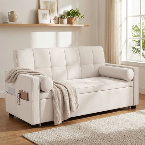 Canapé convertible 2 places 3 en 1 canapé-lit avec lit gigogne double dossier réglable 2 coussins 80,5x137,5x84cm beige (1/5)