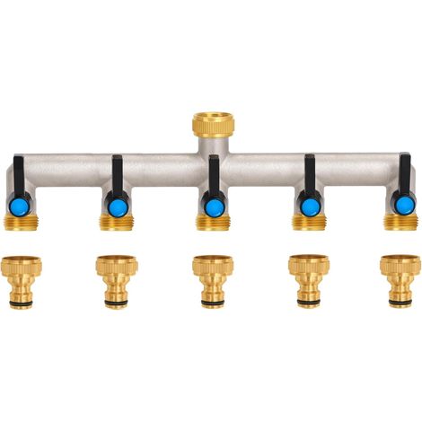 Distributeur d'eau 5 voies - Poignée allongée - 3/4" - En laiton - Arrêt individuel - 5 adaptateurs 3/4" - 1/2" - Appareils/arrosage (1/5)