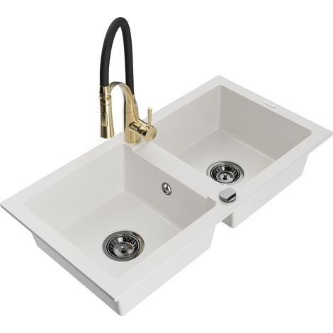 Mexen Mario évier en granit 2 bacs avec robinet de cuisine Aster, blanc - 6504-20-73450-57-B (1/5)