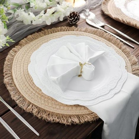 Lot de 4 sets de table ronds de 38 cm en jute naturel rustique, à franges, style champêtre (1/4)