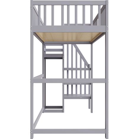 Lit mezzanine 90x200 avec escalier, lit enfant en bois avec étagère de rangement, gris (1/5)