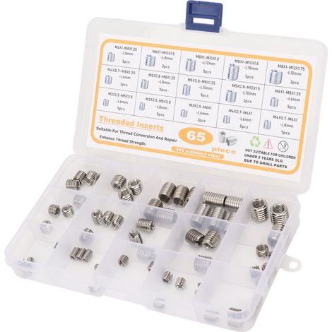 65-teiliges Set aus Gewindeeinsätzen, Gewindereparaturhülsen und Reduziermuttern, hergestellt aus Edelstahl 303 (1/5)