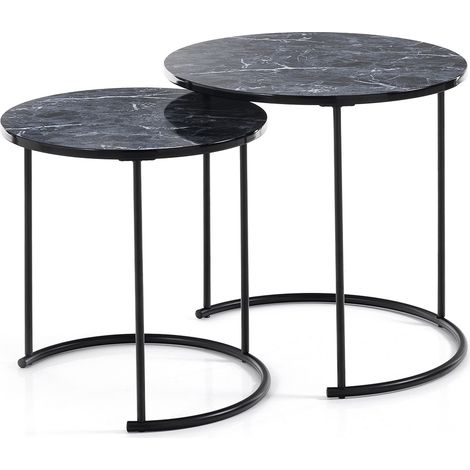 Set 2 tvolini da salotto rotondi effetto marmo e acciaio Omaha - Nero