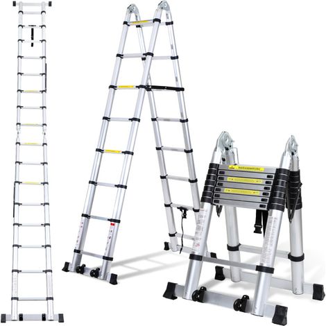 Randaco Scala telescopica in alluminio 2,5m+2,5m Argento senza ganci Con stabilizzatore Con ruote carico massimo 150 kg (1/3)