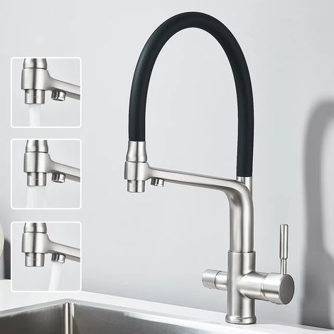 Robinet de cuisine eau filtrée double bec fonction de Purification robinet de cuisine grue d'eau rotative à 360 degrés pour la cuisine-Brush Nickel