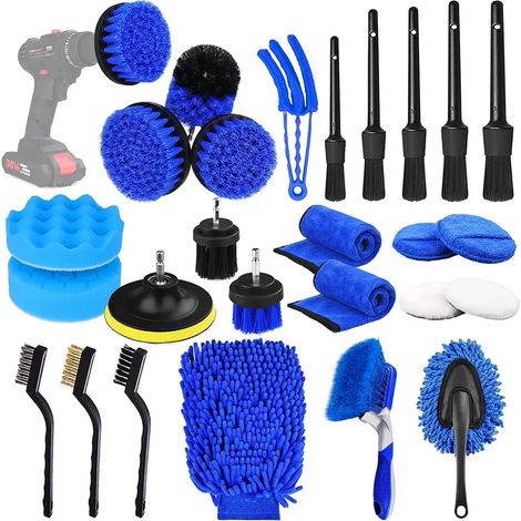 Ensemble de 26 brosses de nettoyage pour jantes de climatisation de voiture, éponges de polissage, idéales pour le lavage et l'embellissement de la voiture (bleu) (1/5)