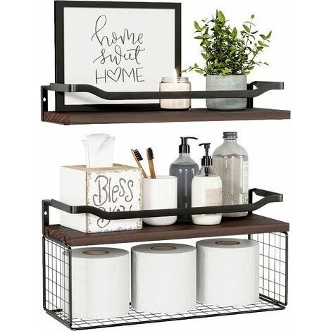 Lot de 2 étagères flottantes, étagères en bois pour salle de bain au-dessus des toilettes avec panier Étagère flottante rustique pour décoration muraleBrun (1/5)