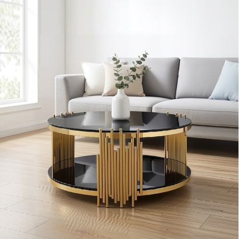 DESMIU Table basse ronde à 2 niveaux avec rangement, structure en acier inoxydable, salon, noir et doré, 80 × 80 × 45 cm (1/5)