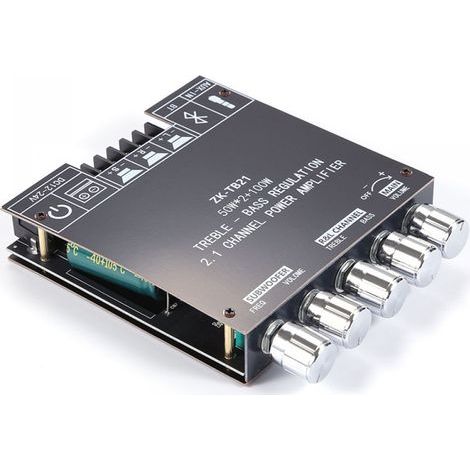 Audioverstärkermodul – TPA3116D2 – 2.1-Kanal 50 W + 50 W + 100 W – Bluetooth 5.0 und AUX-Eingang – Bass-/Höhenregler – Netzteil 12–24 V DC – 1 Stück (1/5)