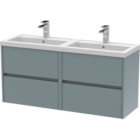 Chartley Contemporary 4 Drawer Wall Hung Vanity Unit with Double Basin, Coastal Grey, 1200mm