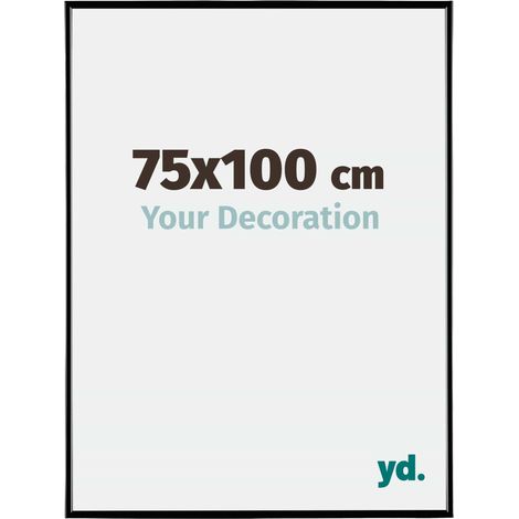 Cadre photo 75x100 cm en plastique noir brillant – Plaque de verre résistante aux UV – Système anti-reflet – Pour salon ou bureau