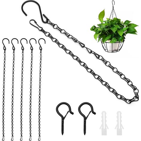 6 Pièces Chaînes de Suspension 50 cm, Chaine Noire Metal Suspension avec 2 Crochets Mural, Chaîne avec Crochet pour Pot Fleurs, Mangeoire à Oiseaux, Lampes