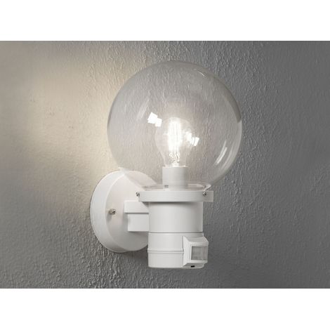 LED Außenwandleuchte mit Bewegungsmelder, Weiß mit Glas Kugel Ø 20cm (1/5)