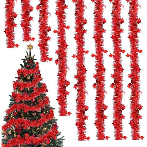 Weihnachtsgirlande Lametta 8x2m Rot mit Sternen, Glitzernd & Wiederverwendbar