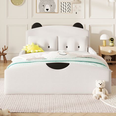 Lit plateforme 140x200 cm avec revêtement en lin, tête de lit rembourrée design ours, 2 coussins décoratifs inclus, blanc, confort optimal et design tendre (1/5)