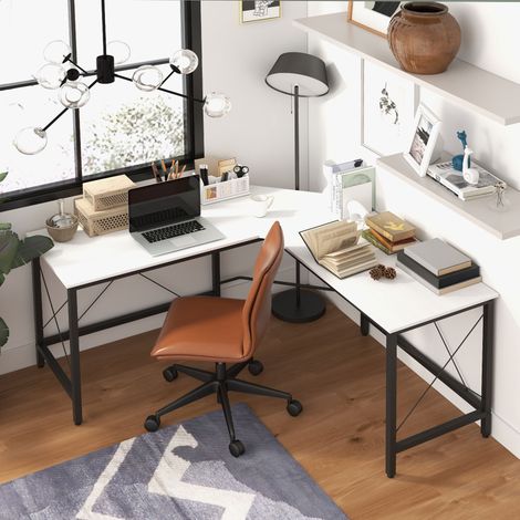Scrivania angolare moderna con struttura in acciaio, portata massima 70 kg, ideale per casa, ufficio o studio, 150x150x76 cm, colore bianco.