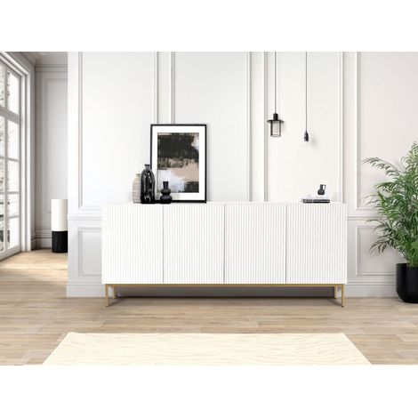 Bobochic – Buffet 4 portes 200 cm – Pieds en métal or – Façades striées – Rangement pratique pour salon ou salle à manger (1/5)