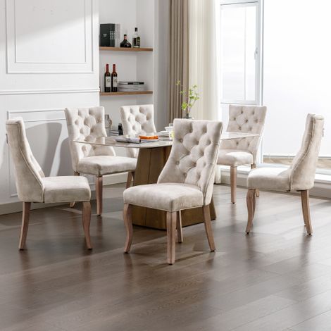 Chaises de salle à manger à quatre pieds — Chaises à dossier haut capitonné en velours beige clair — Structure en bois massif — Beige clair (Lot de 6) (1/5)