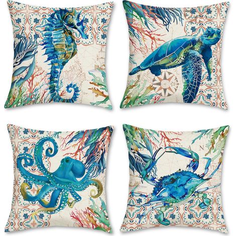 Lot de 4 Housse de Coussin 45 x 45 cm Tortue de Mer Océan Hippocampe Poulpe Crabe Corail Polyester Lin Décoratif Taie d'oreiller pour Canapé Lits Chaises Voiture Salon Maison Décor (1/5)