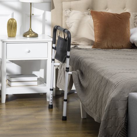 Barra de soporte de cama ajustable con 5 posiciones de altura, bolsillo de almacenamiento, 52 x 85-95 x 71-102 cm, blanco/negro