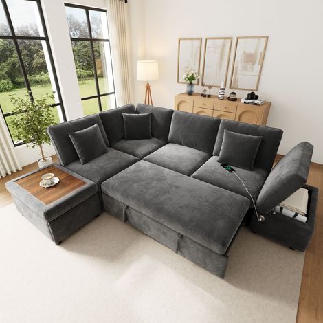 Canapé d'angle en forme de L, canapé-lit modulaire 6 places avec fonction inclinable gauche/droite canapé-lit escamotable pouf de rangement mobile ports USB/Type-C 3 coussins tissu Chenille, Gris (1/5)