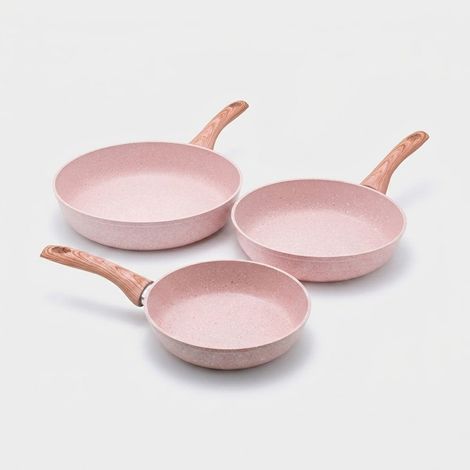 3-teiliges Pfannenset aus antihaftbeschichtetem Aluminium in Rosa Granitoptik Stonerose (1/3)