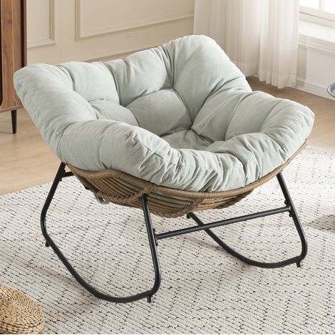 Sillón mecedora papasan, asiento de chenilla, estructura metálica, azul claro (1/5)