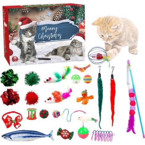 Calendrier de l'Avent Chat 2024, Compte à Rebours de Noël pour Chatons avec 24 Jouets Variés pour Chat, Jeux Interactifs pour Félins, Cadeau de Noël