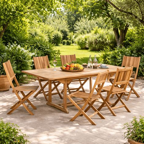 Conjunto de mesa de jardín de teca Nina 160/210 y 6 sillas Tosca